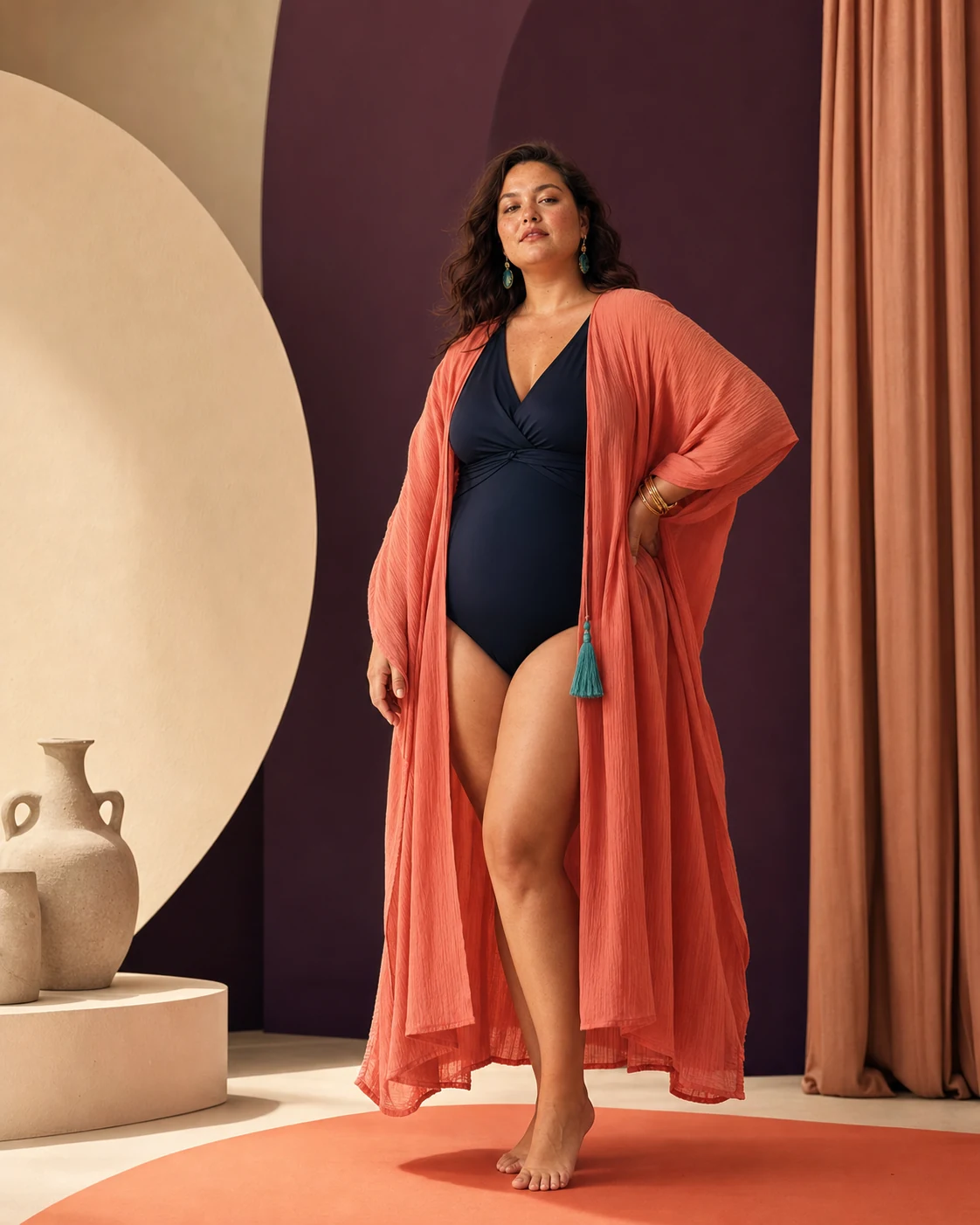 Modella plus-size con costume intero blu e lungo caftano corallo