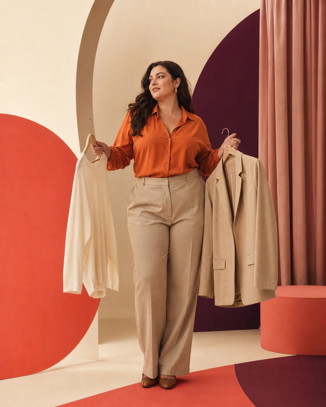 Modella plus-size con capi neutri su grucce in un set editoriale