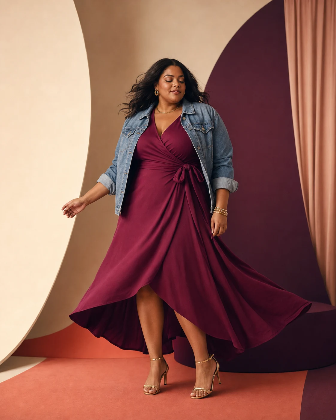 Modella plus-size in abito prugna con giacca denim