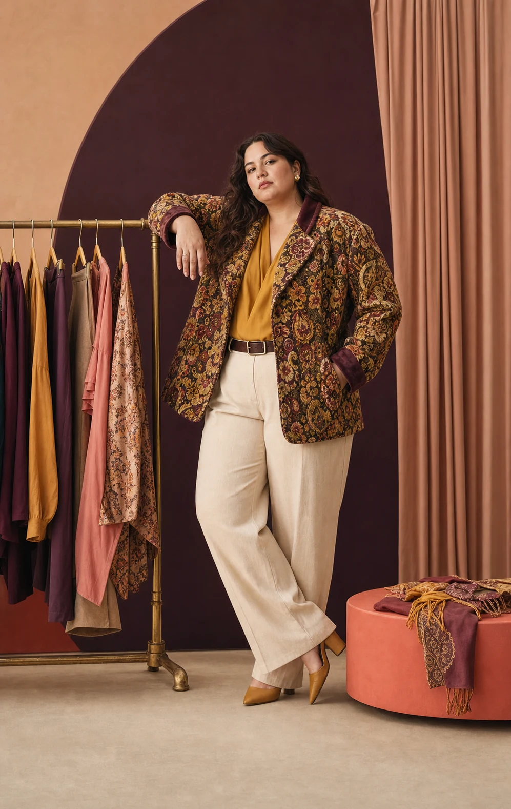 Modella plus-size con giacca vintage accanto a una selezione di capi