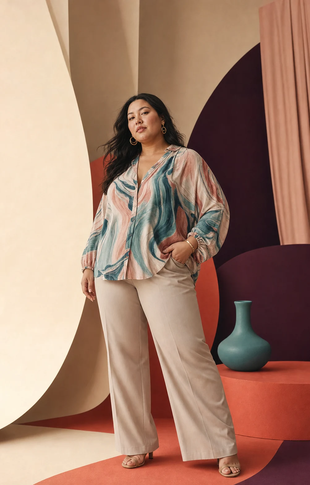 Modella plus-size con blusa fluida fantasia e pantaloni chiari