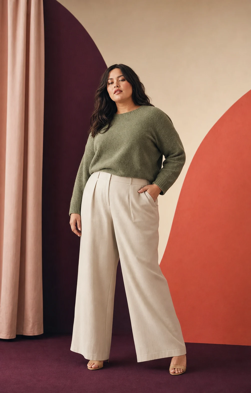 Modella plus-size con maglia verde salvia e pantaloni ampi