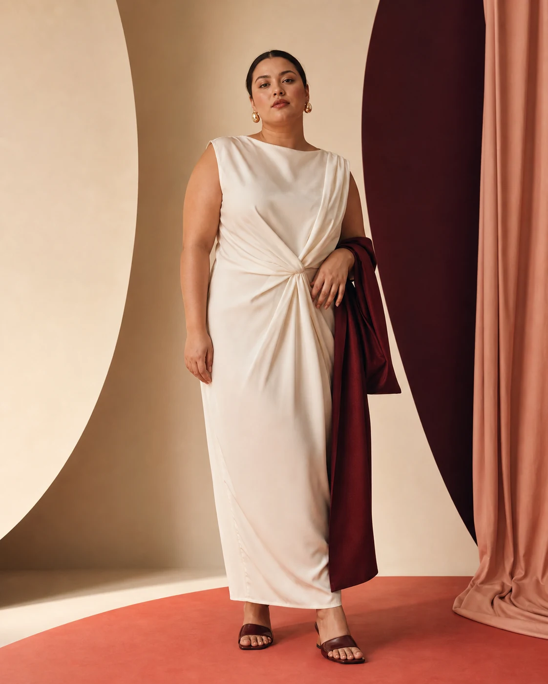Modella plus-size con abito lungo in seta color avorio
