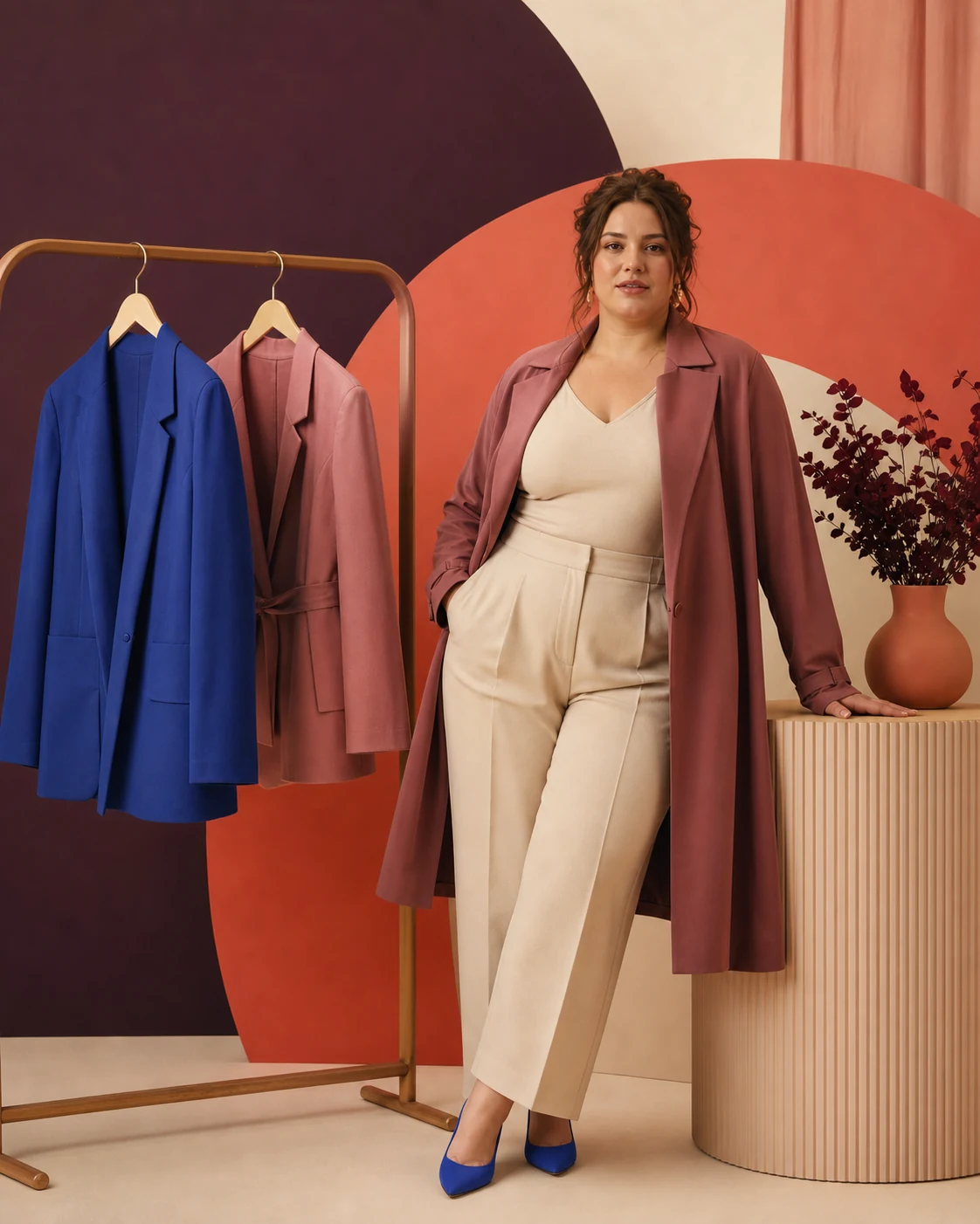Modella plus-size con completo chiaro accanto a giacche colorate
