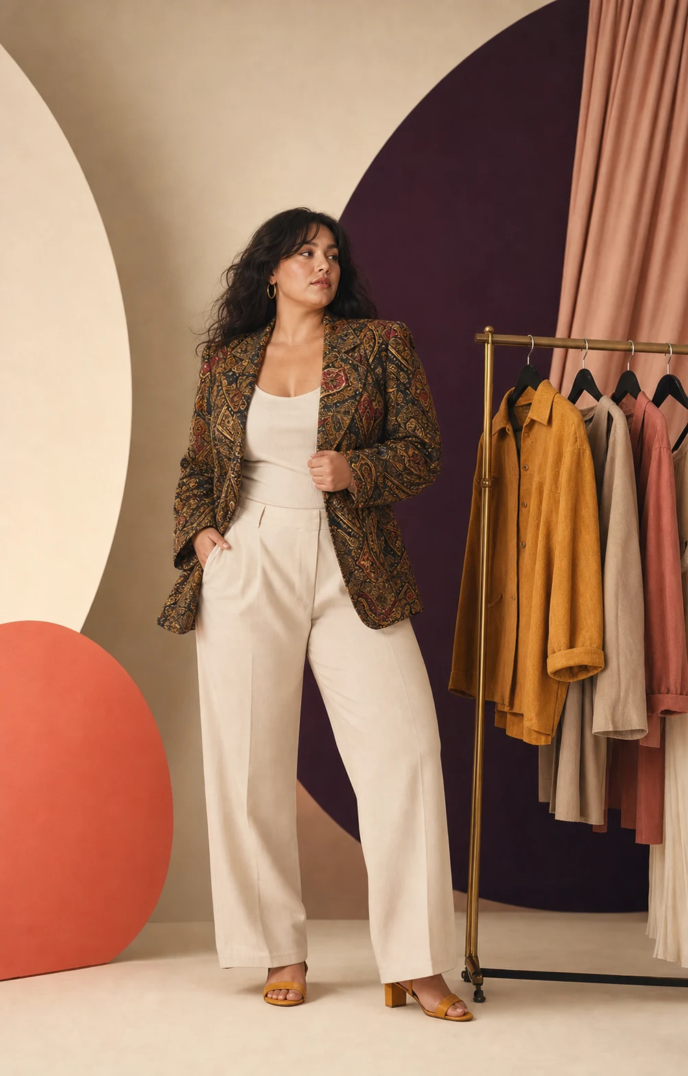 Modella plus-size con giacca vintage accanto a una selezione di capi