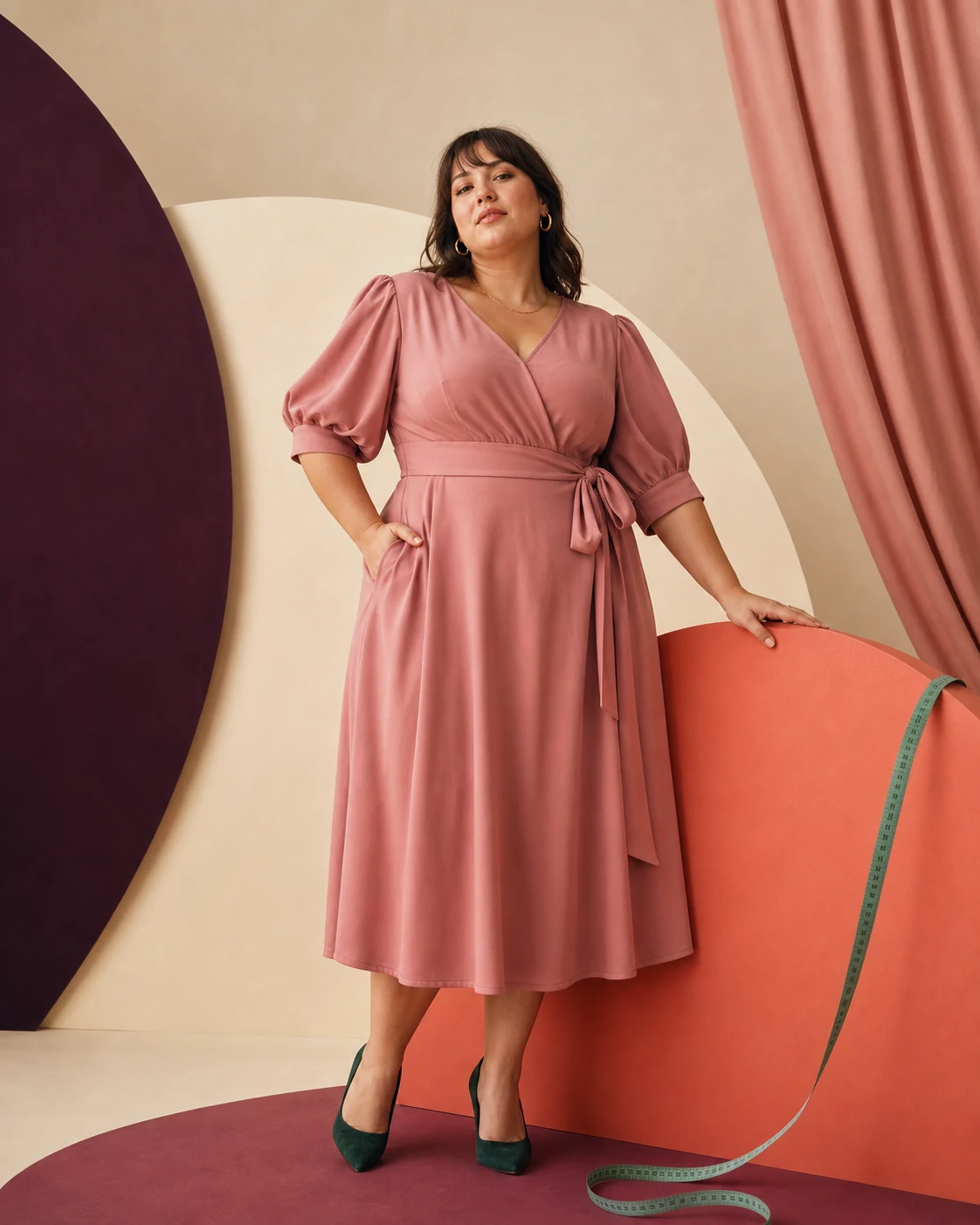 Modella plus-size con abito rosa e dettaglio di vestibilità su misura