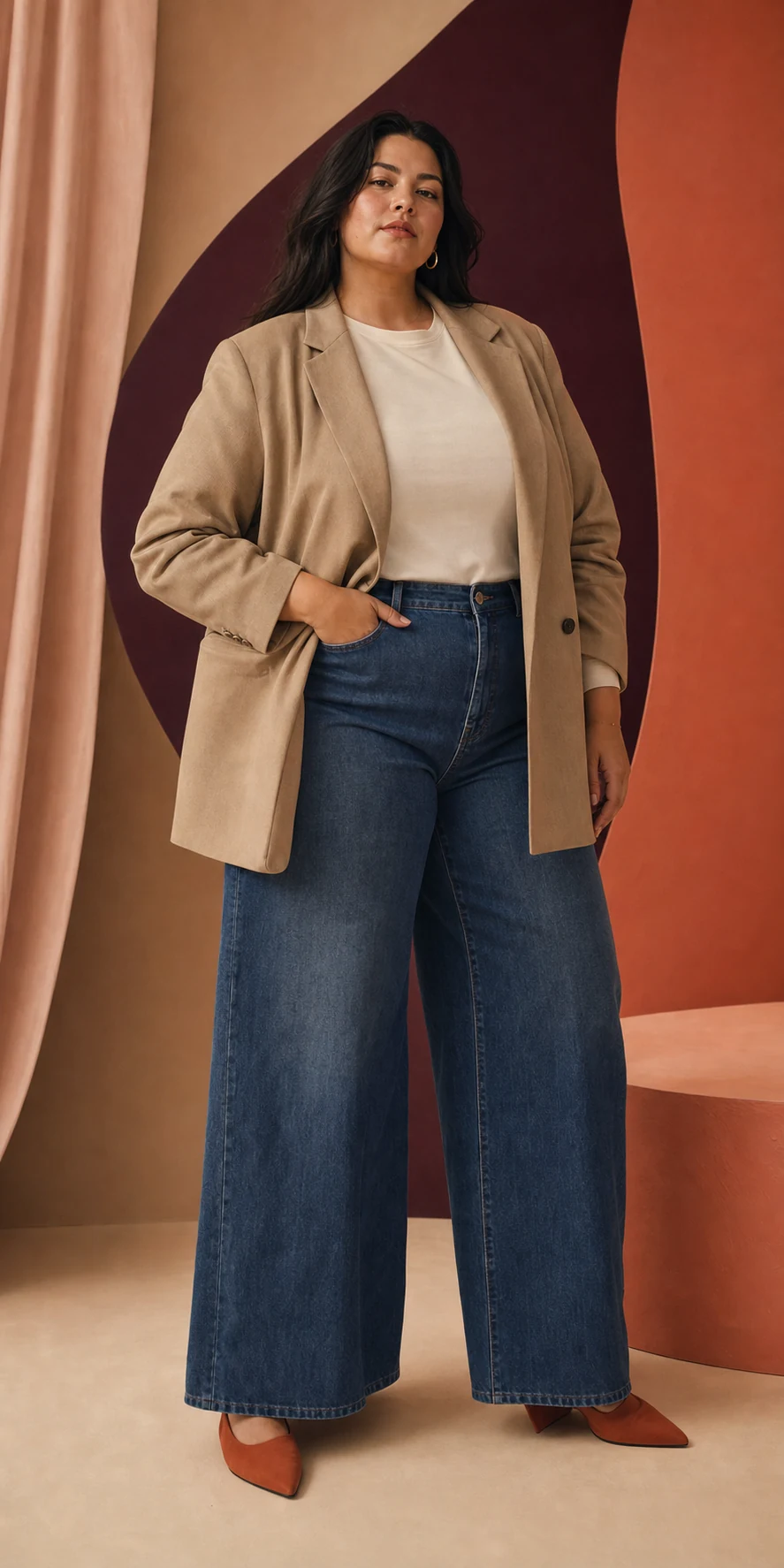 Modella plus-size con blazer cammello e jeans ampi