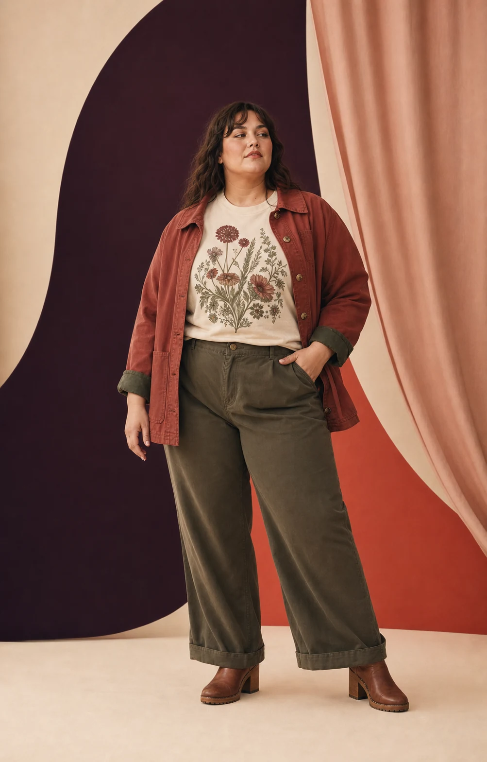 Modella plus-size con T-shirt botanica e giacca color ruggine
