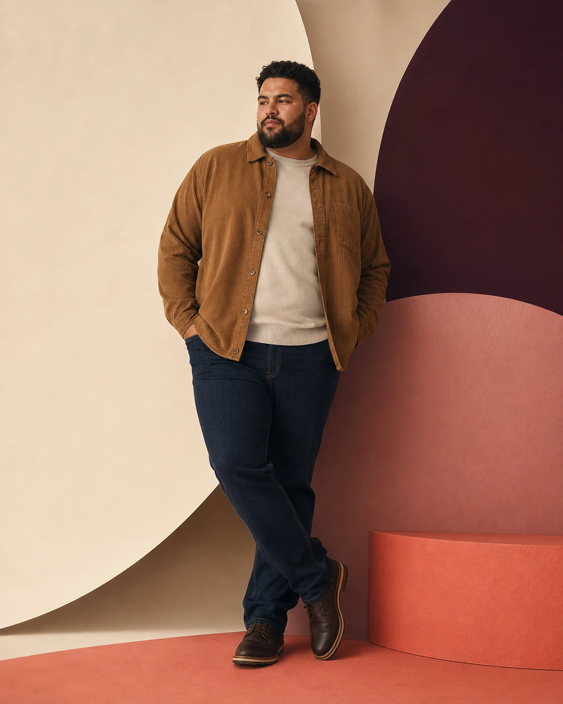Modello plus-size con overshirt color tabacco, maglia chiara e denim