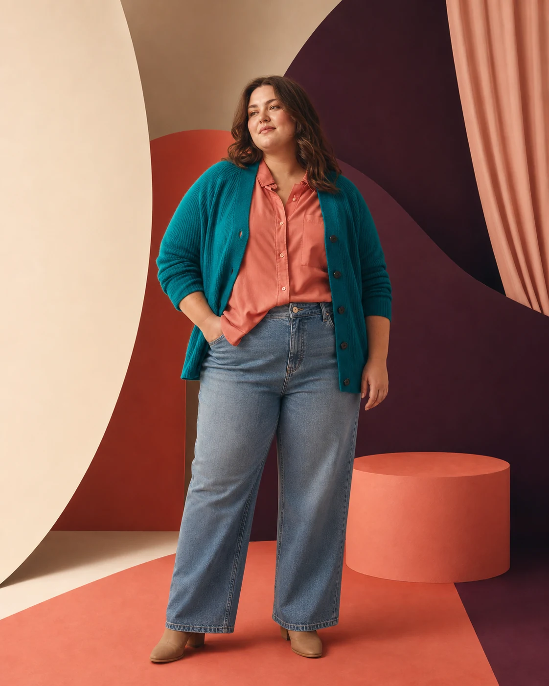 Modella plus-size con cardigan teal, camicia corallo e denim