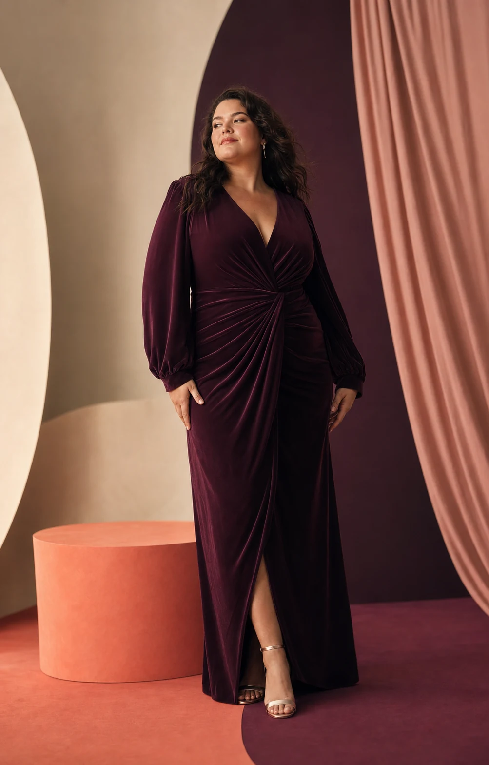 Modella plus-size con elegante abito lungo prugna