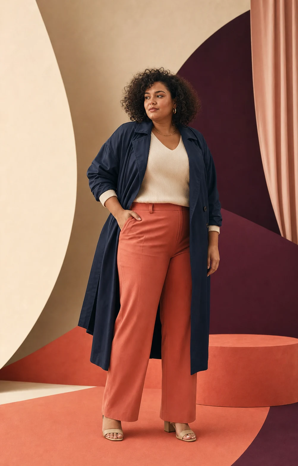 Modella plus-size con soprabito blu e pantaloni corallo