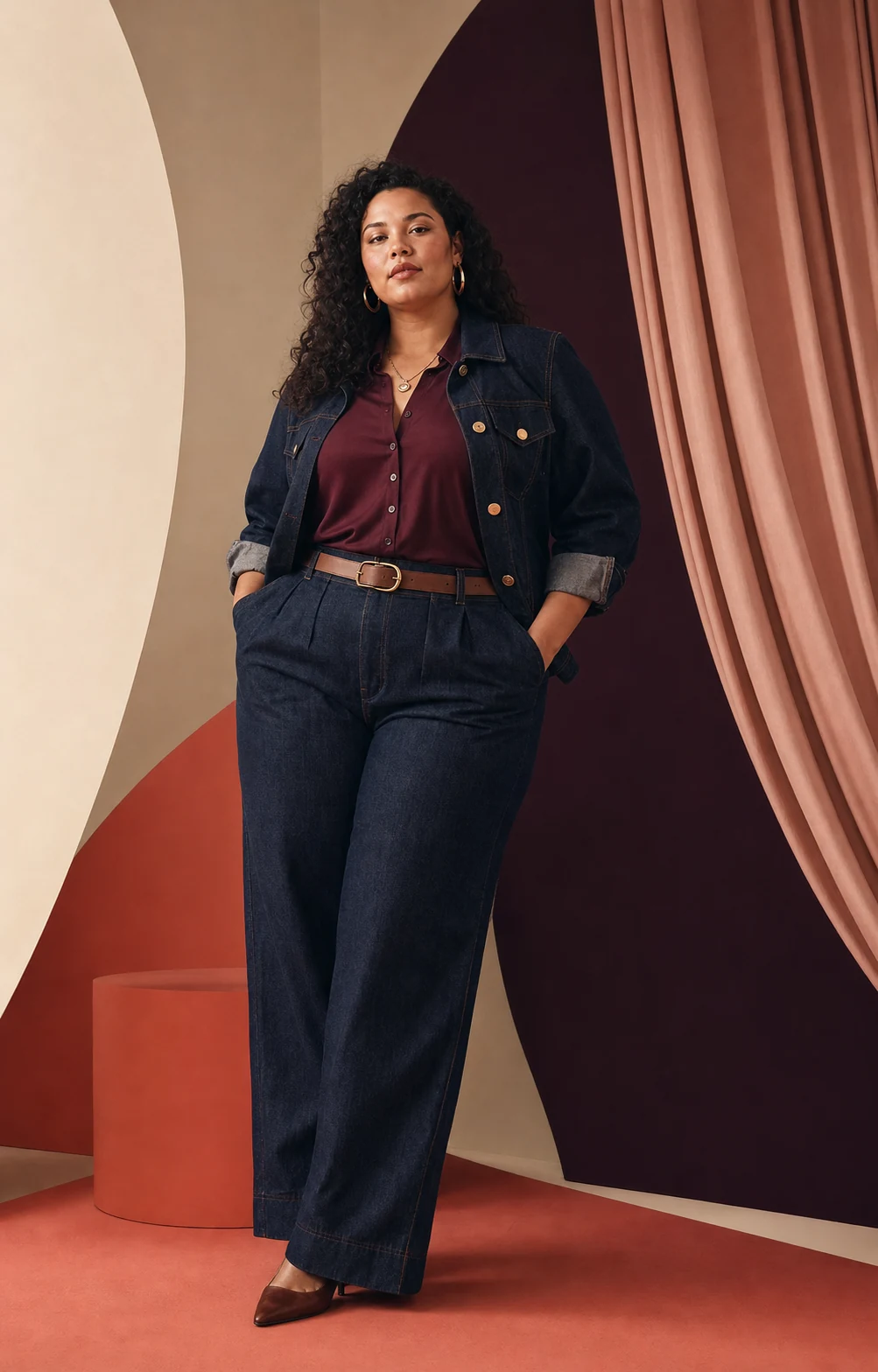 Modella plus-size con completo denim scuro e camicia prugna