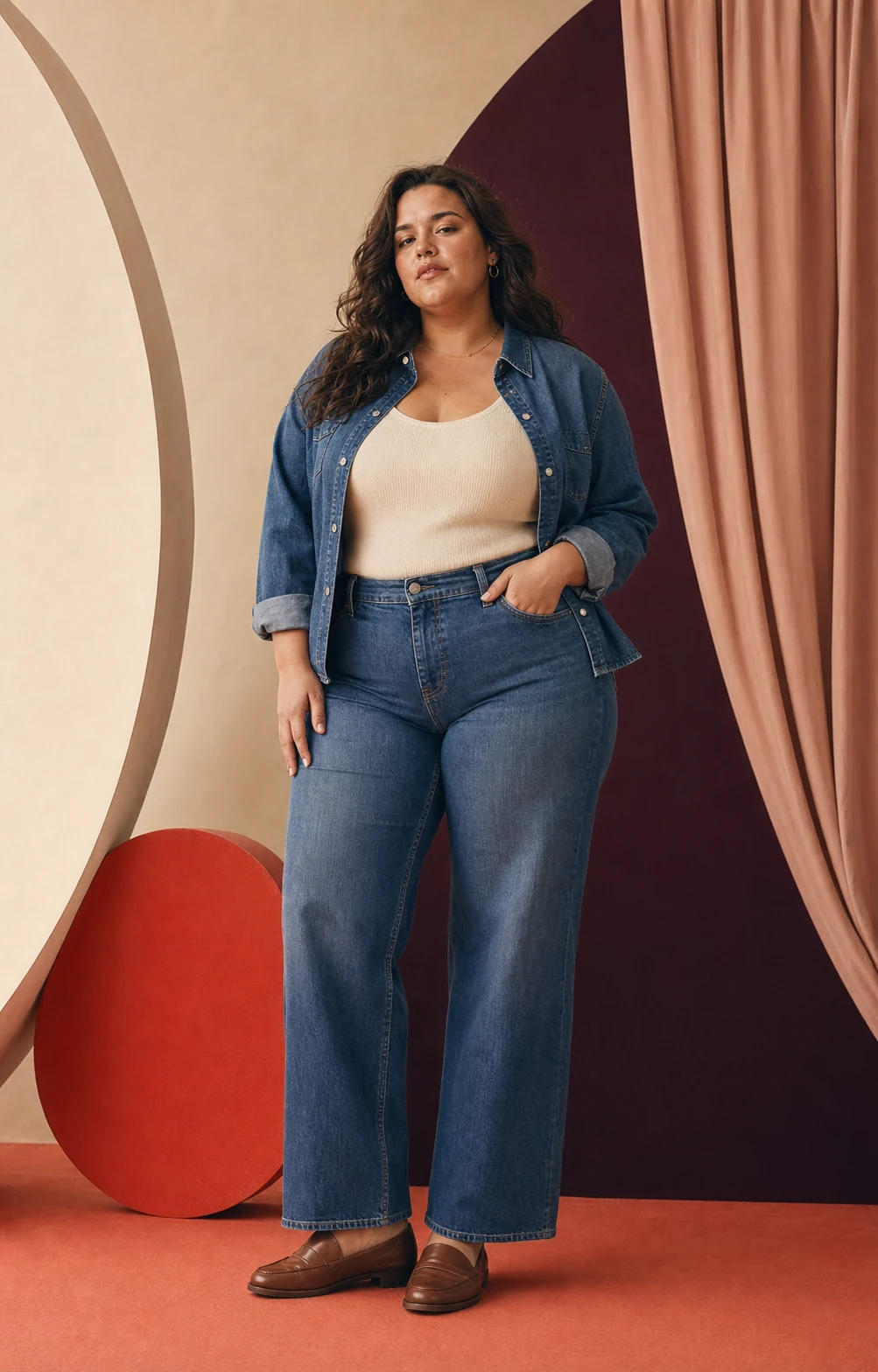Modella plus-size con jeans, camicia denim e top chiaro