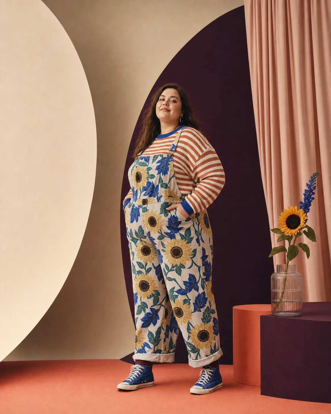 Modella plus-size con salopette floreale e maglia a righe