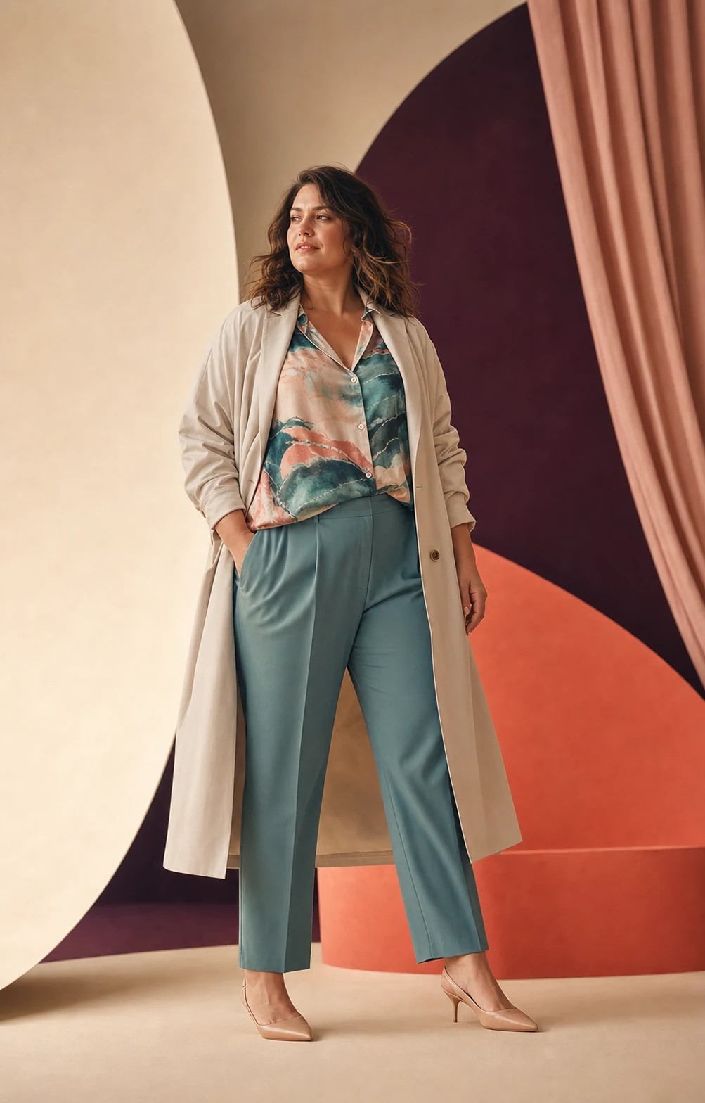 Modella plus-size con blusa fantasia e pantaloni verde acqua