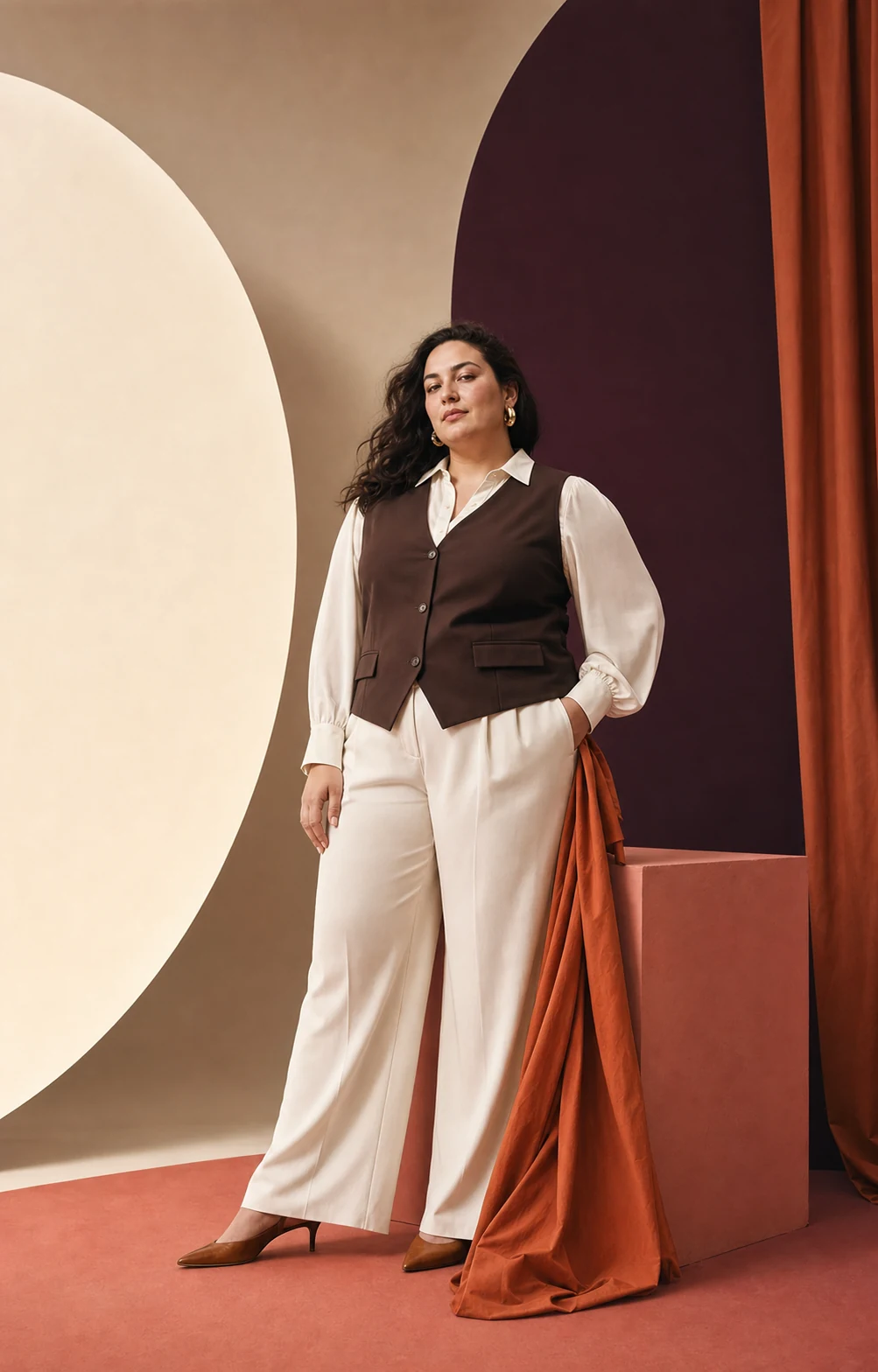 Modella plus-size con gilet scuro, blusa chiara e pantaloni fluidi