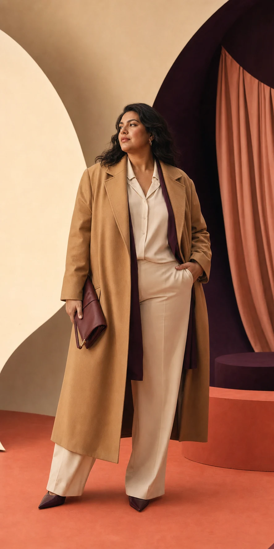 Modella plus-size con lungo cappotto cammello e completo chiaro