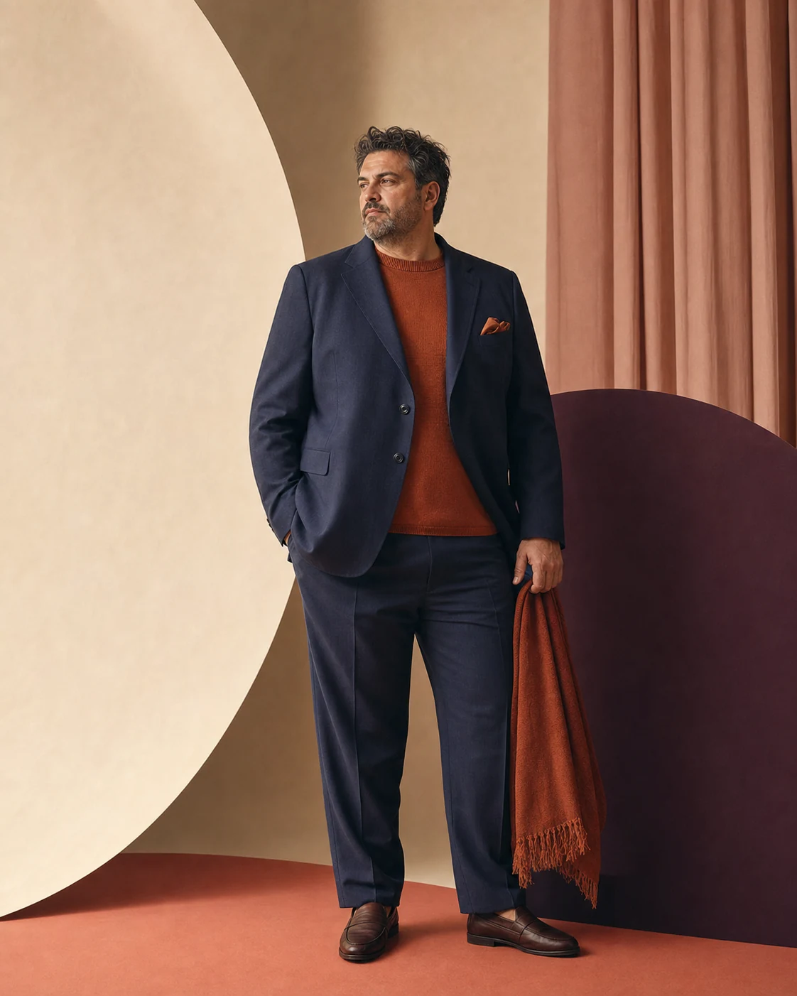 Modello plus-size con completo blu e maglia color ruggine