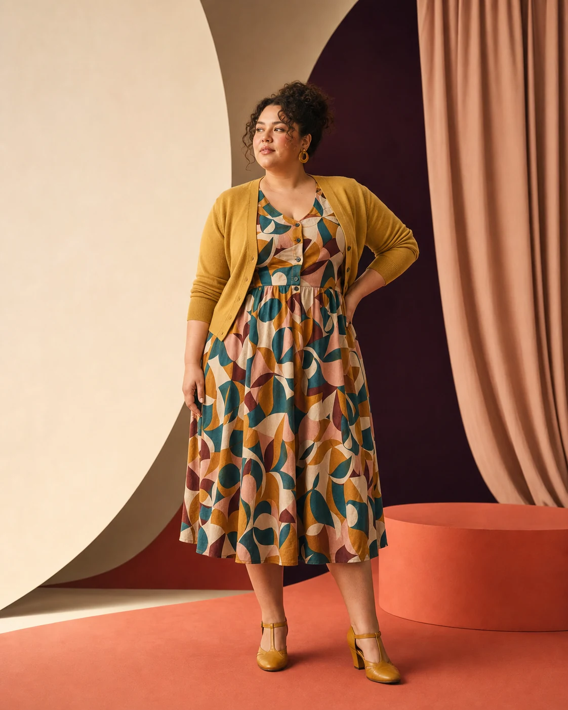 Modella plus-size con abito midi a stampa geometrica