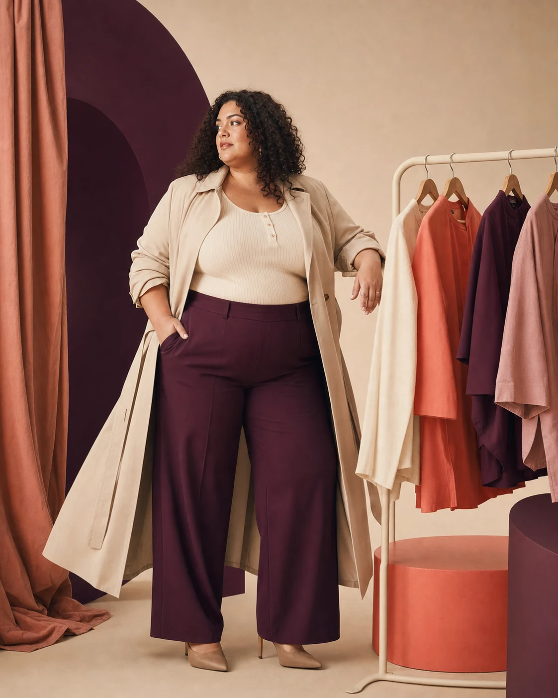 Modella plus-size con capsule wardrobe nei toni prugna e crema