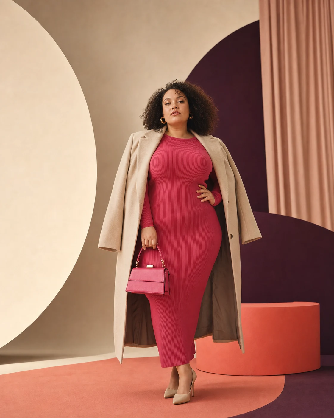 Modella plus-size con abito fucsia e cappotto chiaro