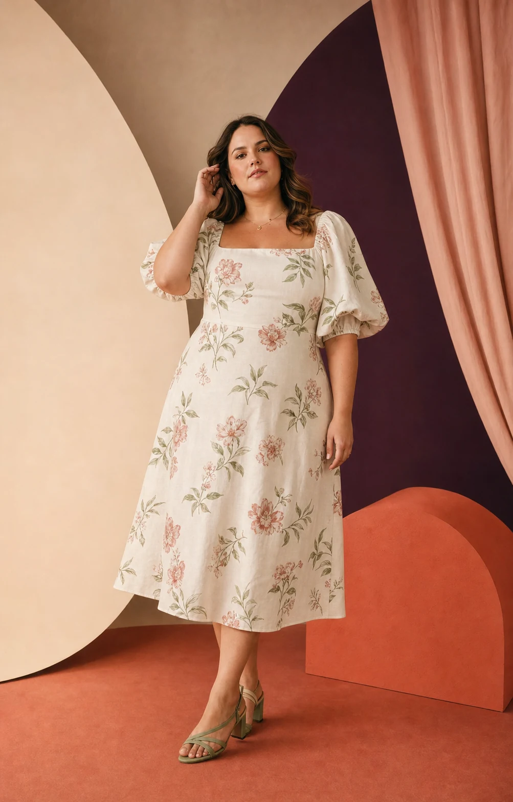 Modella plus-size con abito midi chiaro a stampa botanica