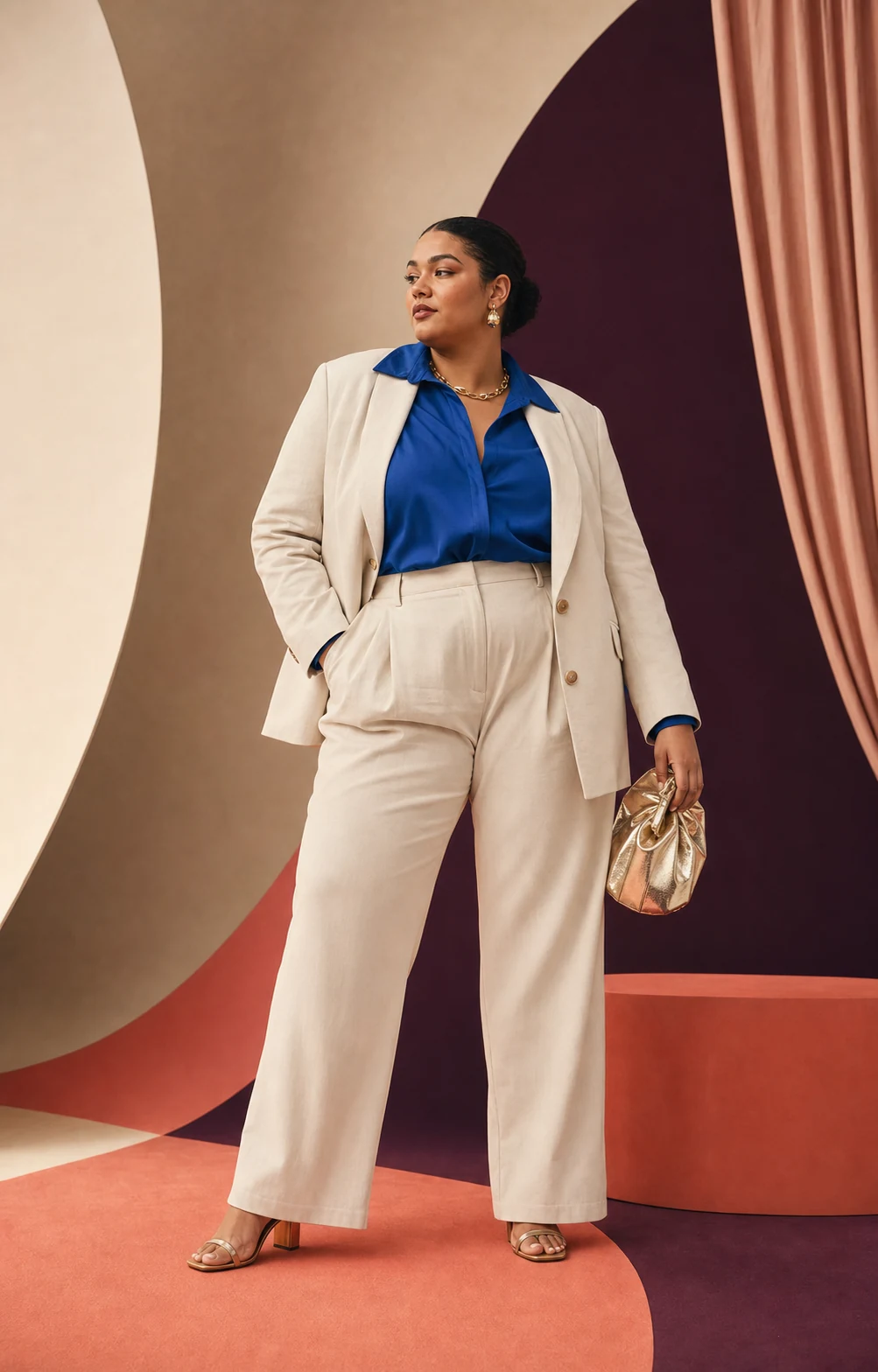 Modella plus-size con completo chiaro e camicia blu intenso