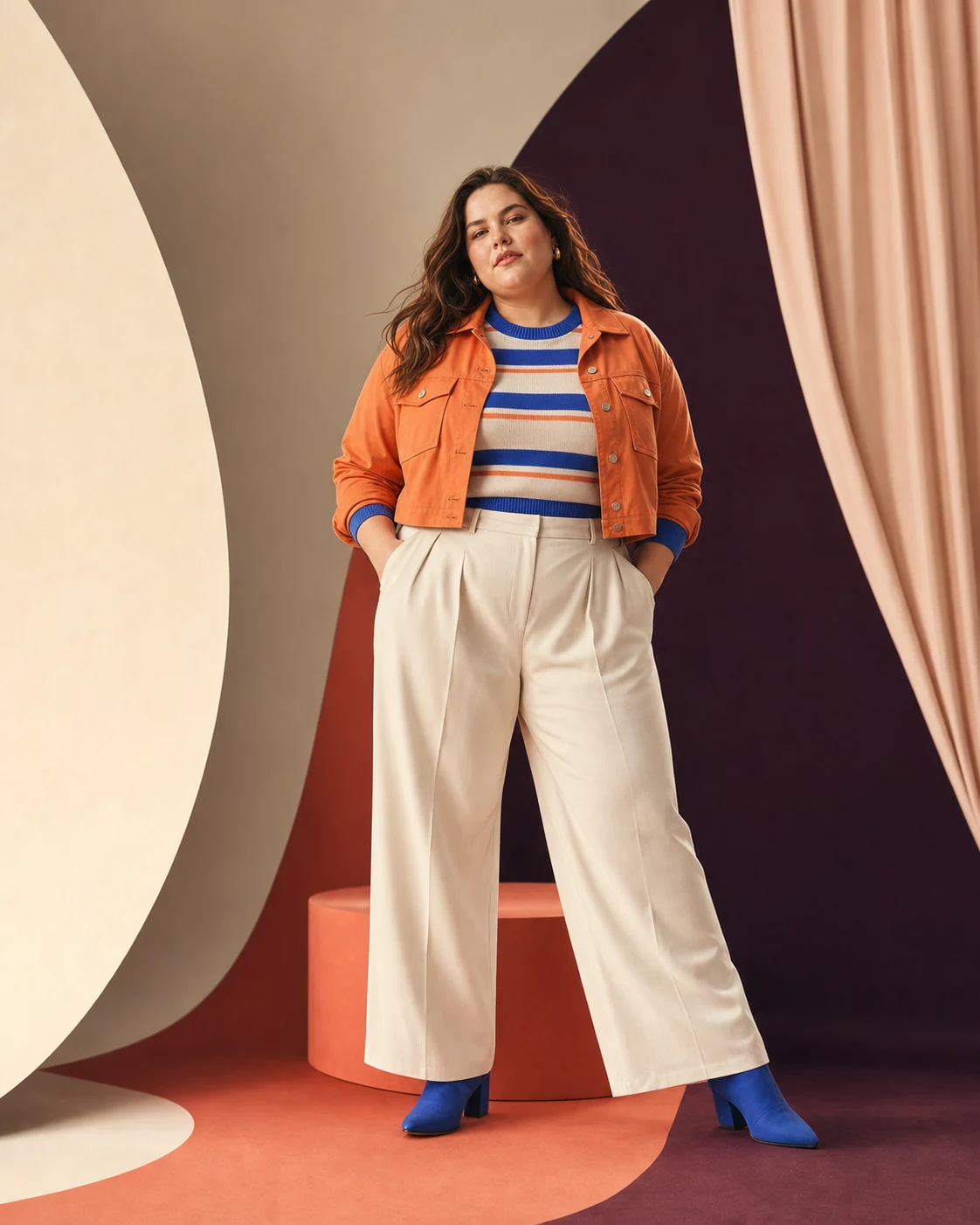 Modella plus-size con giacca arancio, maglia a righe e pantaloni chiari