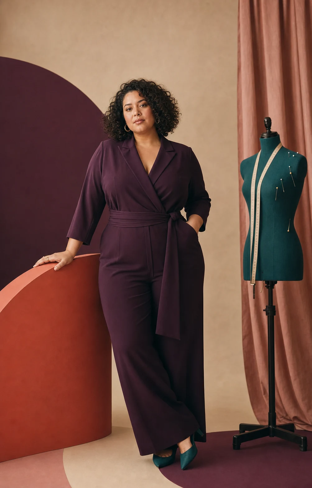Modella plus-size con tuta prugna accanto a un manichino da sartoria