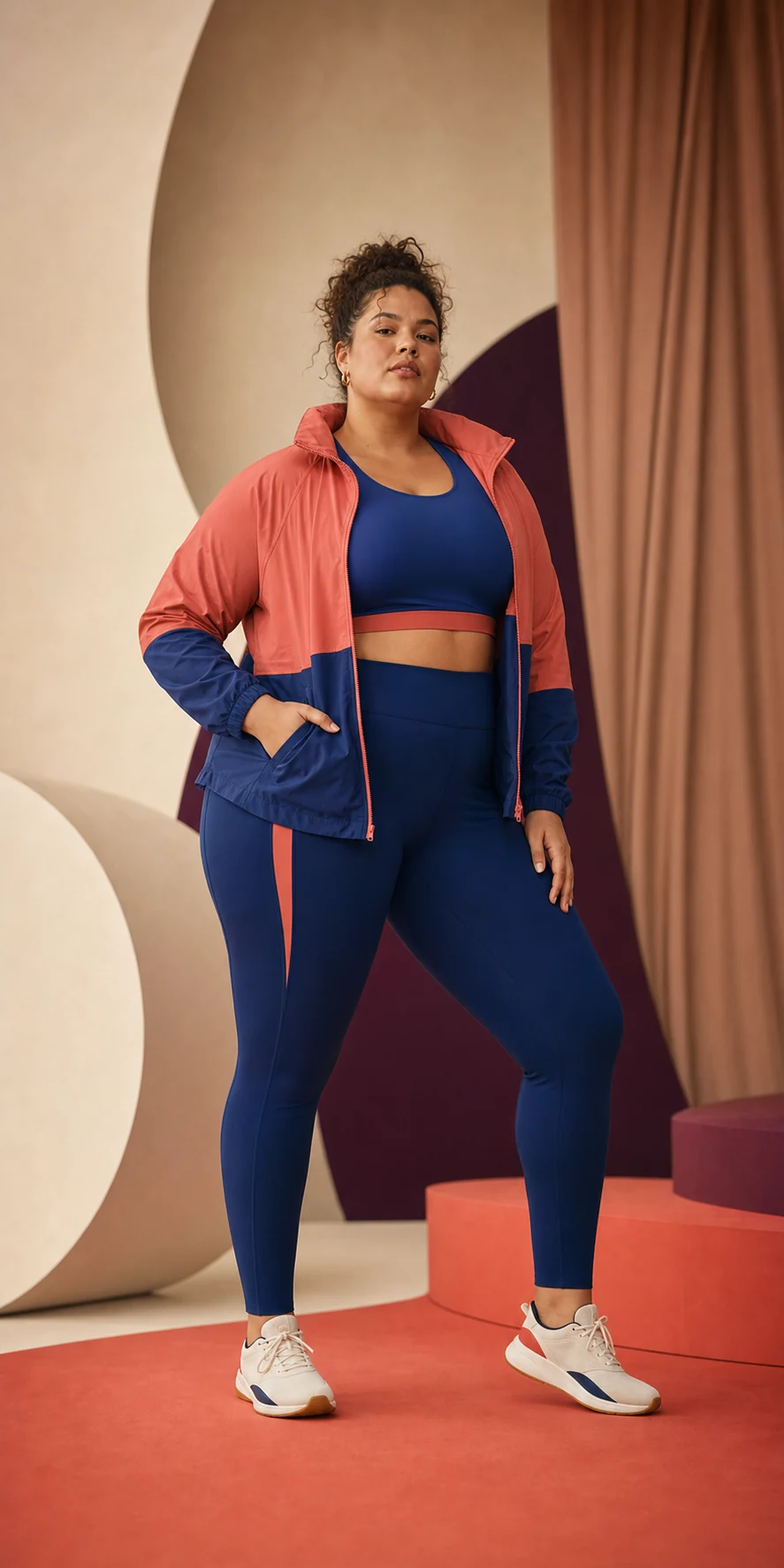 Modella plus-size con completo sportivo blu e corallo