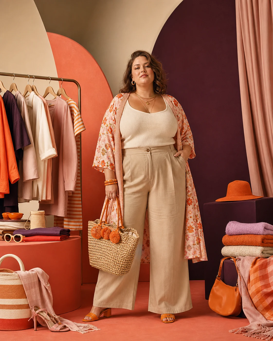 Modella plus-size tra capi e accessori colorati in un set editoriale