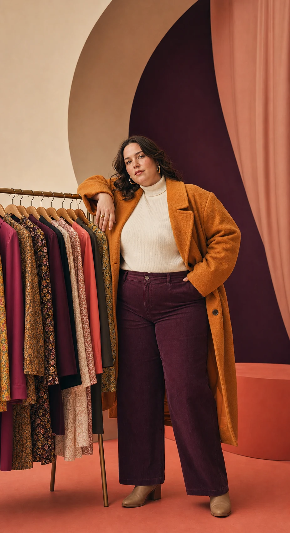 Modella plus-size con giacca ocra accanto a capi vintage