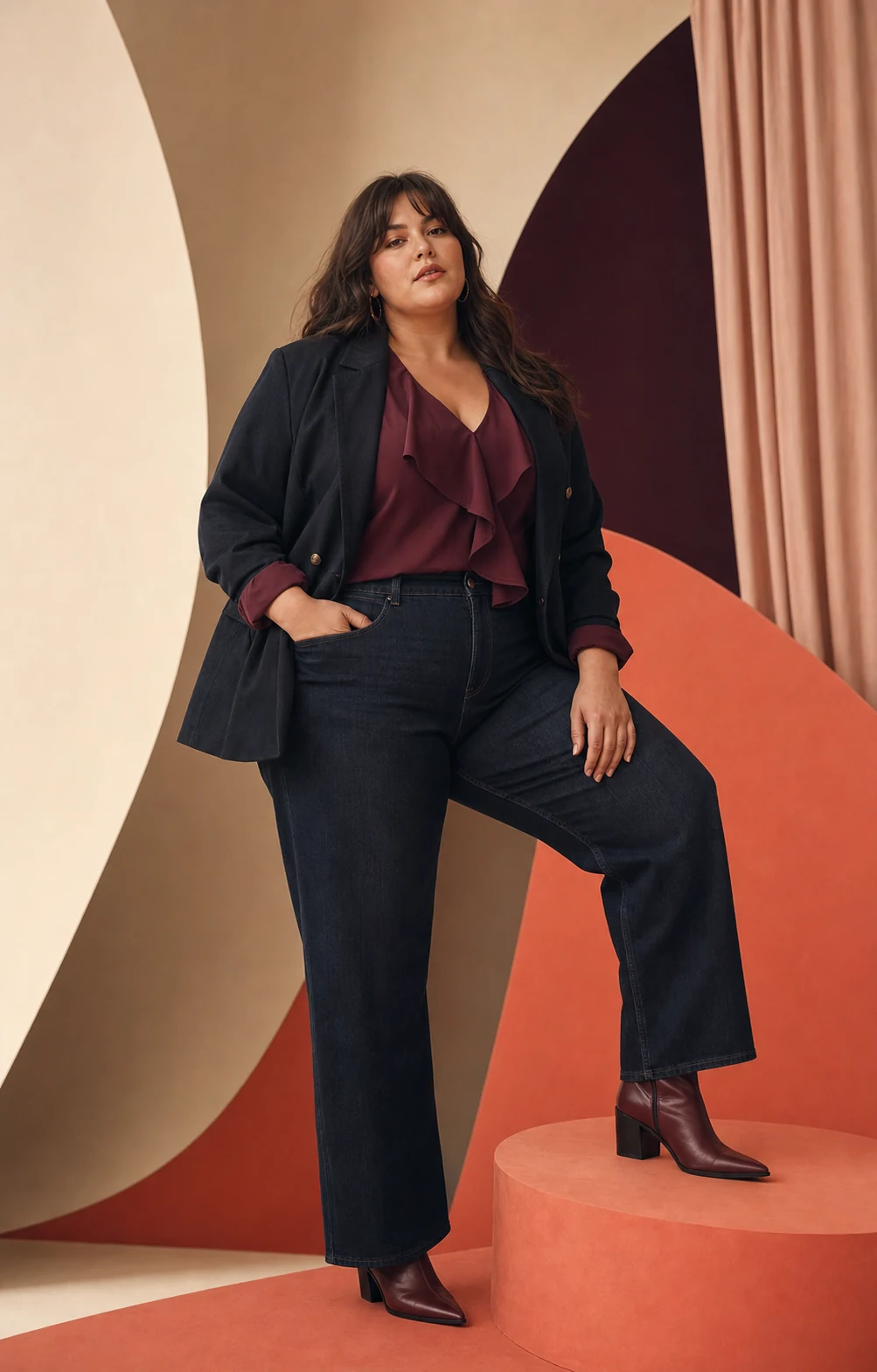 Modella plus-size con completo denim scuro e camicia prugna
