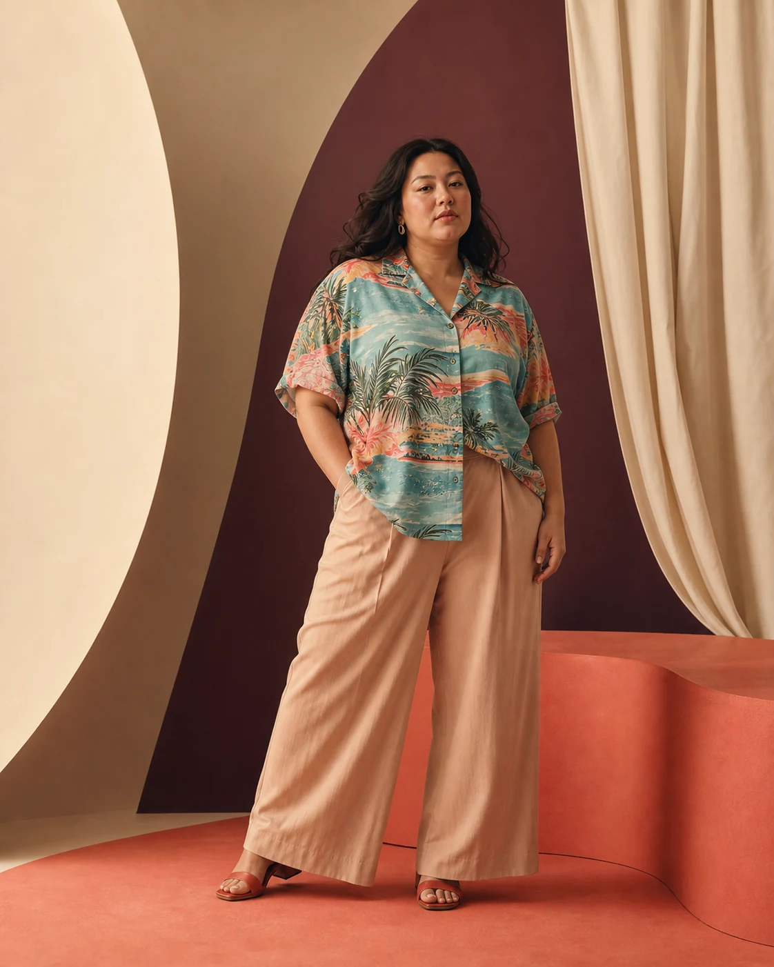 Modella plus-size con camicia fantasia teal e pantaloni chiari