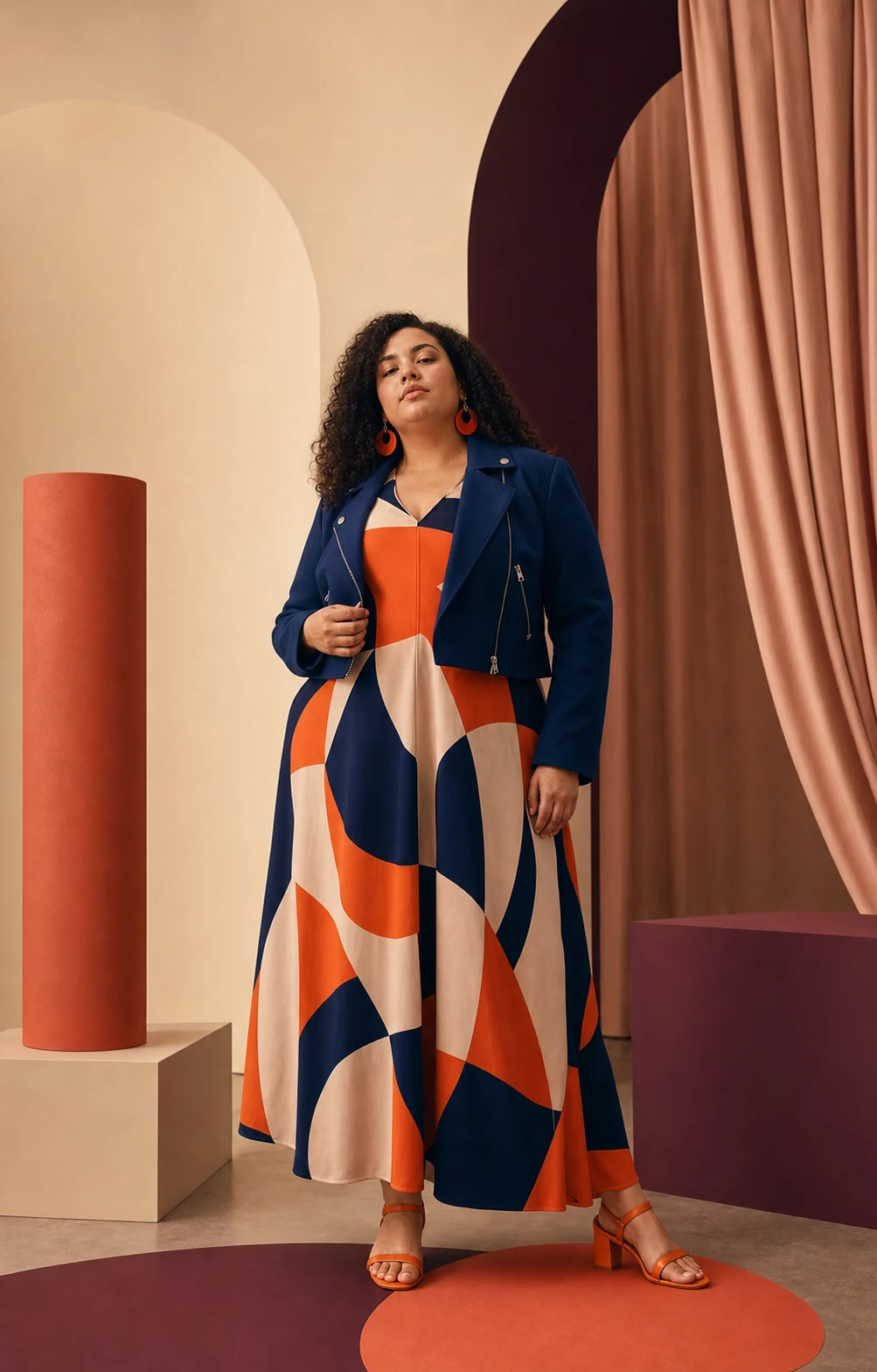 Modella plus-size con abito grafico arancio e blu
