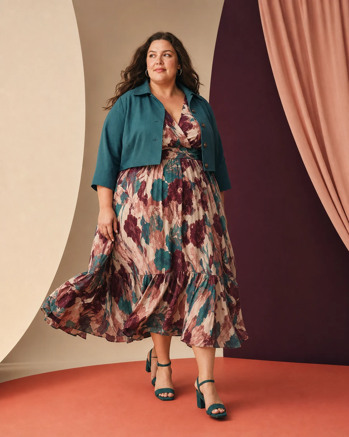 Modella plus-size con abito midi floreale e giacca teal